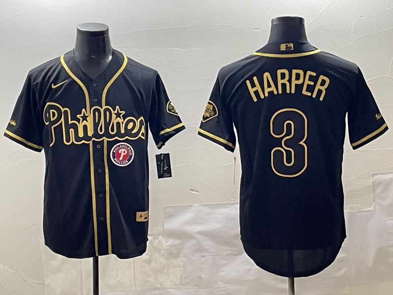 Men Philadelphia Phillies 3 Harper Black Gold Game 2025 Nike MLB Jersey style 4